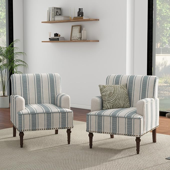 UIXE Stripe Accent Chairs Set of 2, Living Room Arm Chair Modern Nailhead Trim Club Armchair, Comfy Upholstered Sofa Lounge Seat Reading Seat Bedroom Side Seating for Home Office, Blue