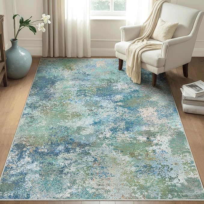 Area Rugs 6x9 Machine Washable Area Rug for Bedroom Living Room Dining Room, Large Modern Abstract Soft Rugs, Indoor Low Pile Carpet with Non Slip Rubber Backing, Abstract Blue Green