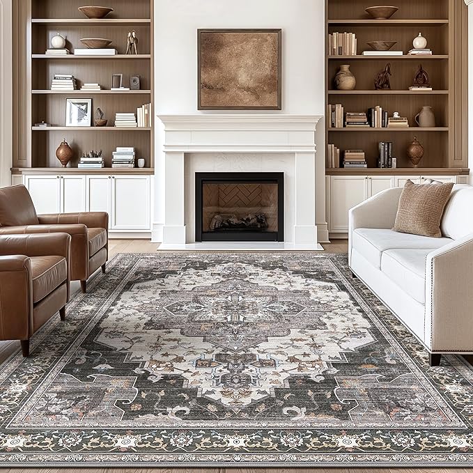 GENIMO 8x10 Area Rugs for Living Room, Machine Washable Non Slip Vintage Rugs, Low Pile Lightweight Chenille Print Rug for Bedroom, Dining Room, Home Office, Slate Gray