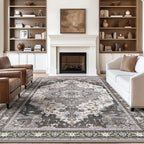 GENIMO 8x10 Area Rugs for Living Room, Machine Washable Non Slip Vintage Rugs, Low Pile Lightweight Chenille Print Rug for Bedroom, Dining Room, Home Office, Slate Gray