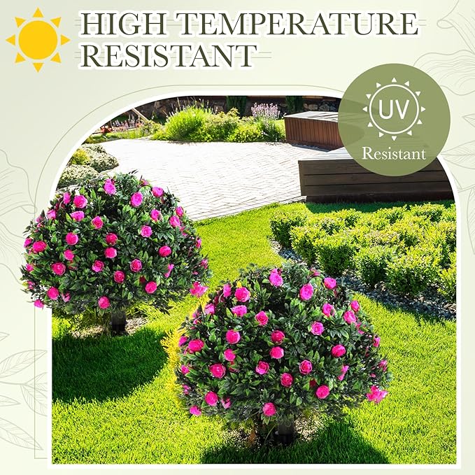 Yunlly Set of 2 Artificial Boxwood Topiary Ball Tree Fake Bushes Shrubs Outdoor Faux Plant with Ground Spike Flowers UV Resistance Greenery for Front Porch Garden Patio Indoor(Pink,18x10inch)