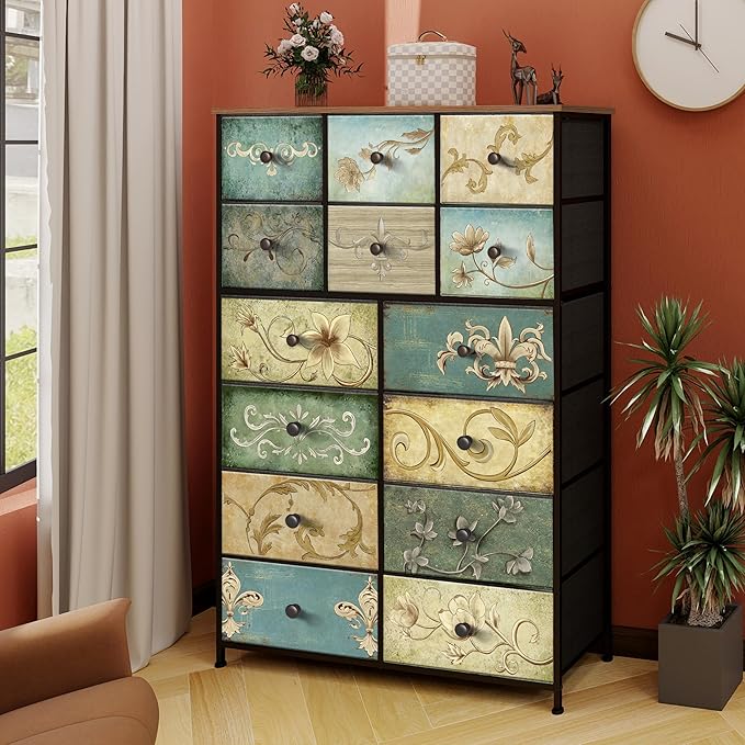 Tohomeor Dresser with Drawers for Bedroom Chest of Drawers Fabric Dresser for Closet,Nursery Entryway Hall Tree TV Stand for Living Room Retro Floral Pattern Drawers Wooden Top (14 Drawers)