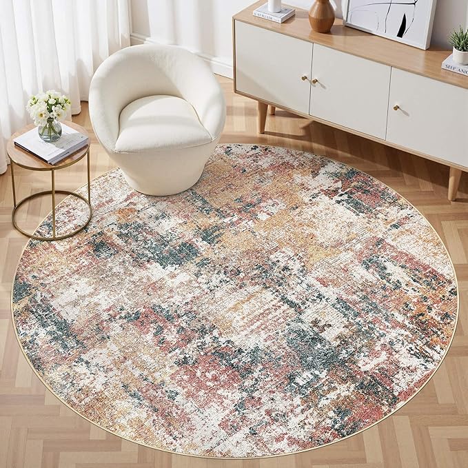 Tortania Washable 4' Round Area Rug for Living Room: Modern Abstract Neutral Large So' Thin Rugs - Non Slip Indoor Carpet for Bedroom Dining Room Office Nursery Home Floor Decoration - Colorful Multi