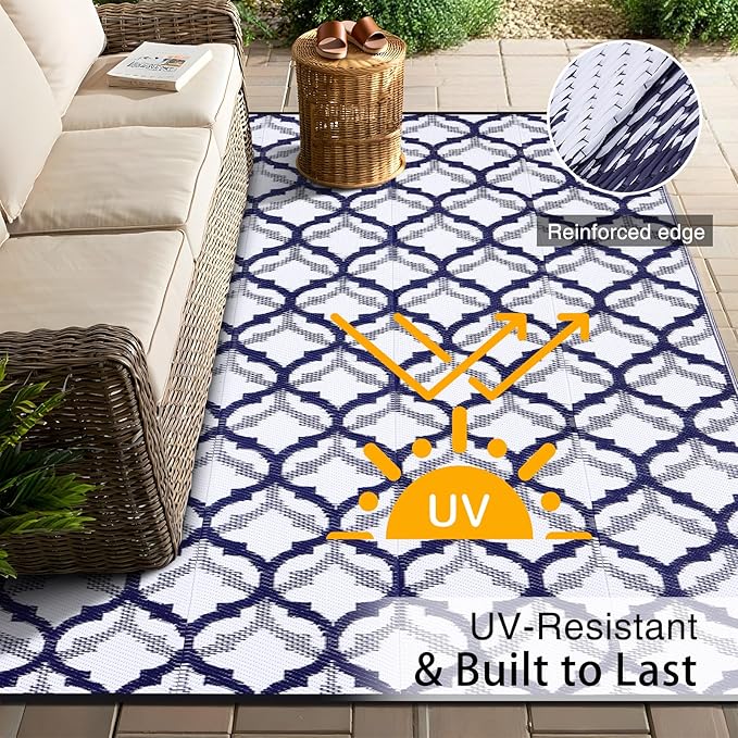 OLANLY Reversible Outdoor Rug 6x9 ft Clearance, Waterproof Outdoor Plastic Straw Rug with Interlacing Pattern, RV Mat for Patio, Camping, Balcony, Deck, Backyard, Navy & White