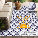 OLANLY Reversible Outdoor Rug 9x12 ft Clearance, Waterproof Outdoor Plastic Straw Rug with Interlacing Pattern, RV Mat for Patio, Camping, Balcony, Deck, Backyard, Navy & White