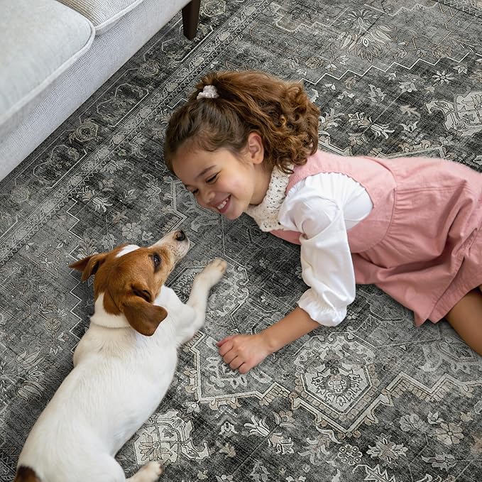 GENIMO 2x7 Runner Rugs for Hallway, Machine Washable Non Slip Vintage Rugs, Low Pile Lightweight Soft Print Rug for enrtyway, Corridor, Home Office, Kitchen, Charcoal Gray