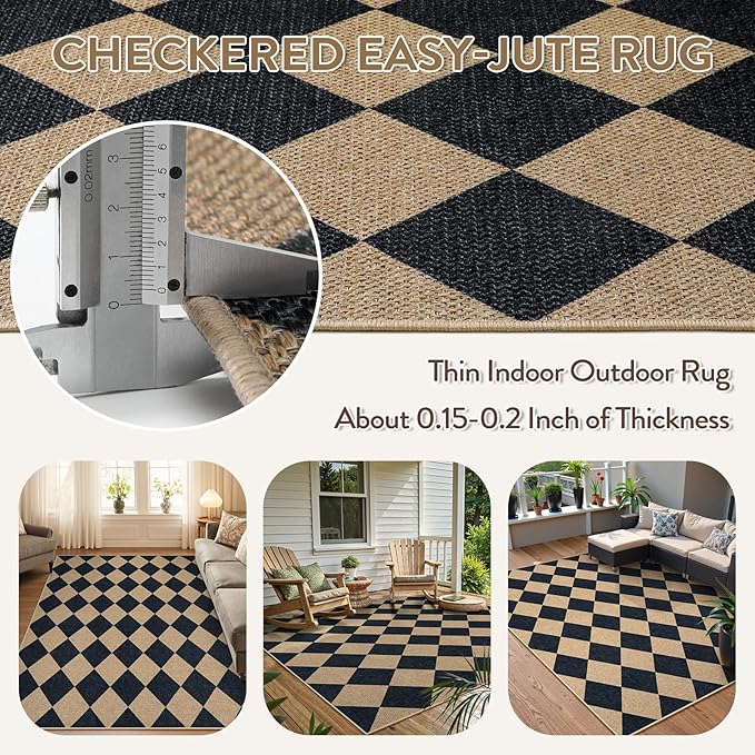 Lahome Checkered Easy Jute 5x7 Area Rugs, Washable Outdoor Patio Rug for Living Room Diamond Indoor Outdoor Carpet, Farmhouse Geometric Non Slip Black Carpet for Backyard Dining Room