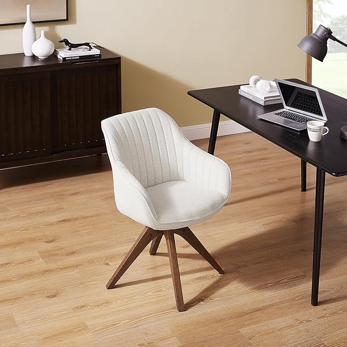 Art Leon Desk Chair No Wheels, Mid Century Modern Office Chair, Swivel Accent Chair with Oak Wood Legs, Fabric Upholstered Arm Chair, Ivory