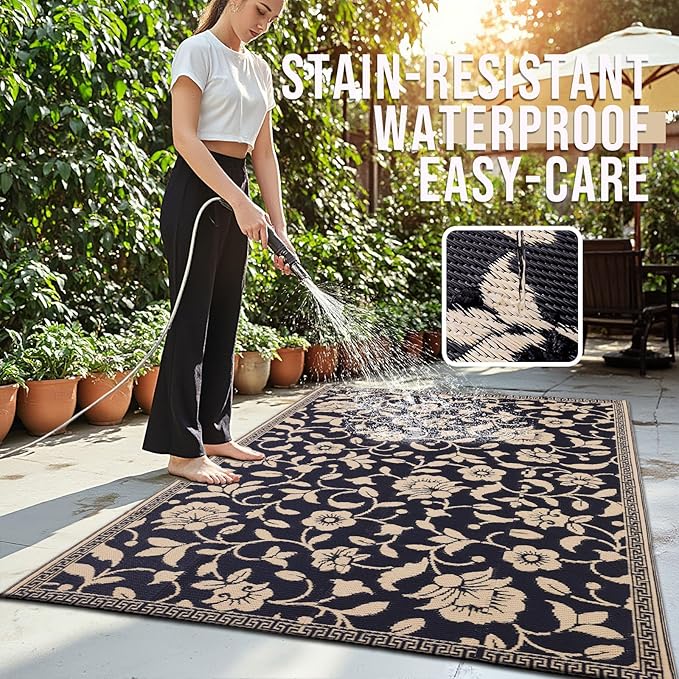 OLANLY Waterproof Outdoor Rug 5x8 ft, Outdoor Plastic Straw Rug with Flower Pattern, Reversible RV Mat for Patio, Camping, Balcony, Deck, Backyard, Black & Beige