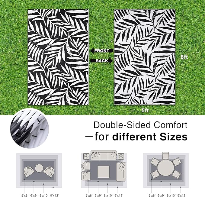 OLANLY Waterproof Outdoor Rug 5x8 ft, Reversible Outdoor Plastic Straw Rug with Leaf Pattern, RV Mat, Indoor Outdoor Carpet for Patio, Camping, Balcony, Deck, Backyard, Black & White