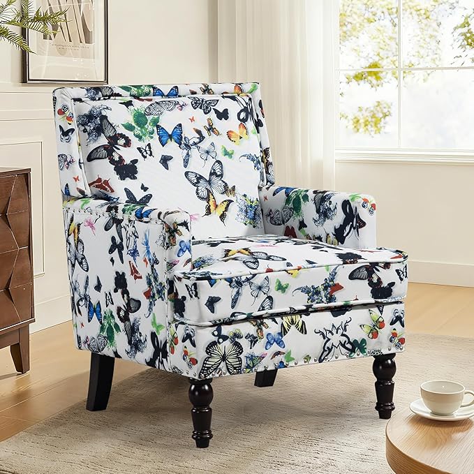 Accent Chair, Modern Comfy Mid-Century Anthropologie Accent Chairs, Linen Upholstered Wingback Lounge Arm Chair with Solid Wood,Single Floral Pattern Chair for Living Room/Balcony/Bedroom