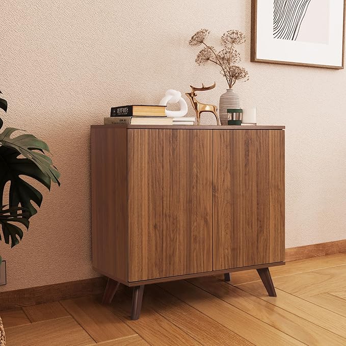 Modern Sideboard Buffet Cabinet Console Table, Accent Storage Cabinet Credenza Buffer Cabinets with Fluted Doors for Kitchen Dining Living Room Entryway(Walnut)