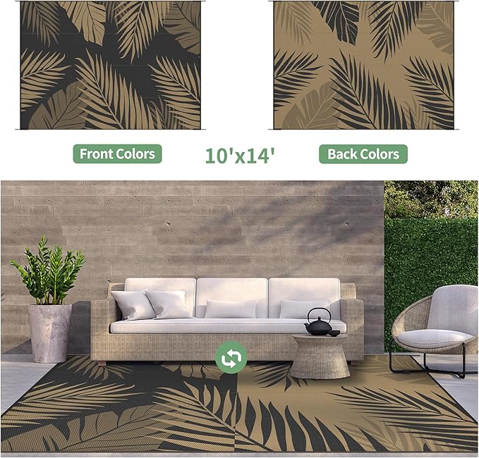 GENIMO Outdoor Rug 10' x 14' Waterproof for Patios Clearance, Reversible Outdoor Plastic Straw Camping Rug Carpet, Large Area Rugs Mats for RV, Camper, Deck, Balcony, Porch, Beach, Picnic, Black&Brown