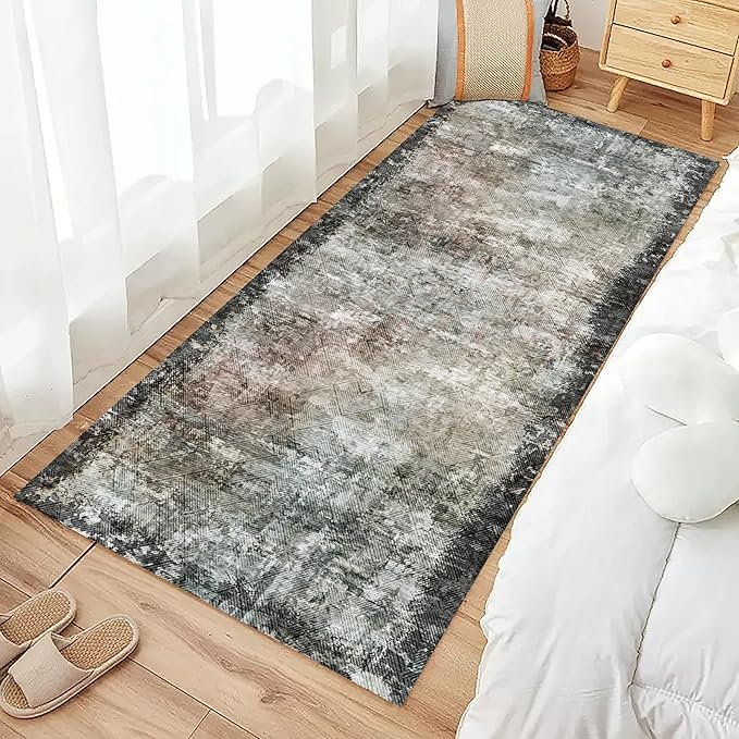 2'6'' x 8' Washable Area Rug - Low Pile Soft Vintage Indoor Rug for Living, Dining or Bedroom - Lightweight Carpet with Non-Slip Backing - Foldable for Easy Placement, Blackish