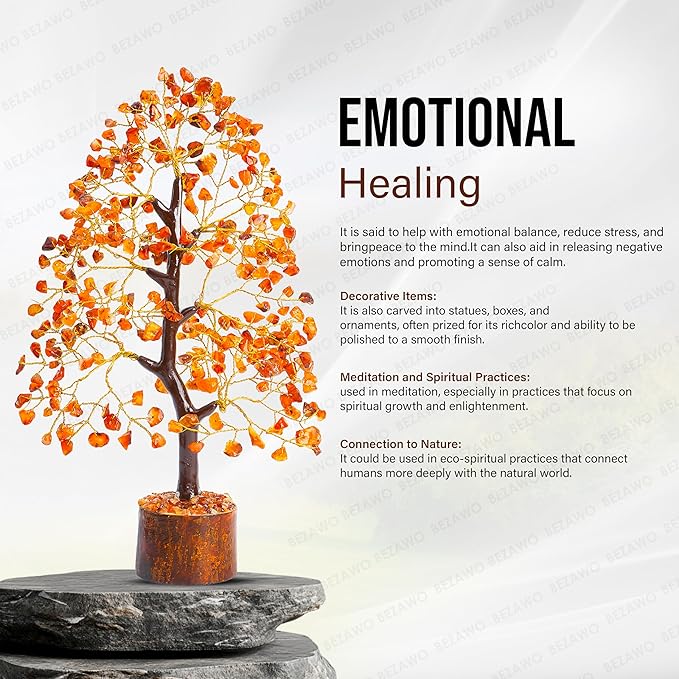 Carnelian Chakra Tree of Life - Crystal for Positive Energy, Handmade Gemstone Feng Shui Decor, Good Luck Money Tree Bonsai - Orange Healing Crystals for Sacral Chakra, Prosperity Gift