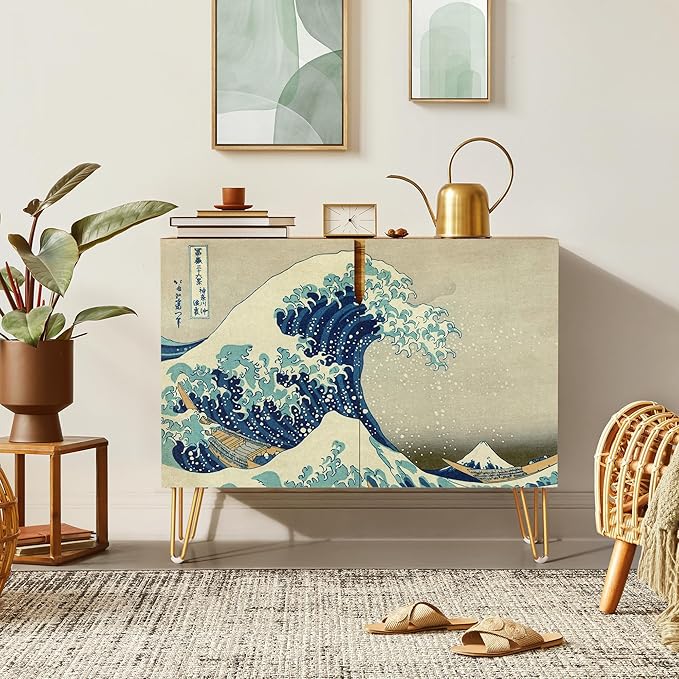 SIGNWIN Sideboard Buffet Cabinet, Kitchen Storage Cabinet with 2 Doors, Japanese Great Wave Off Kanagawa Vintage, Cupboard Console Table for Dining Room - 35" L x 18" W x 29" H
