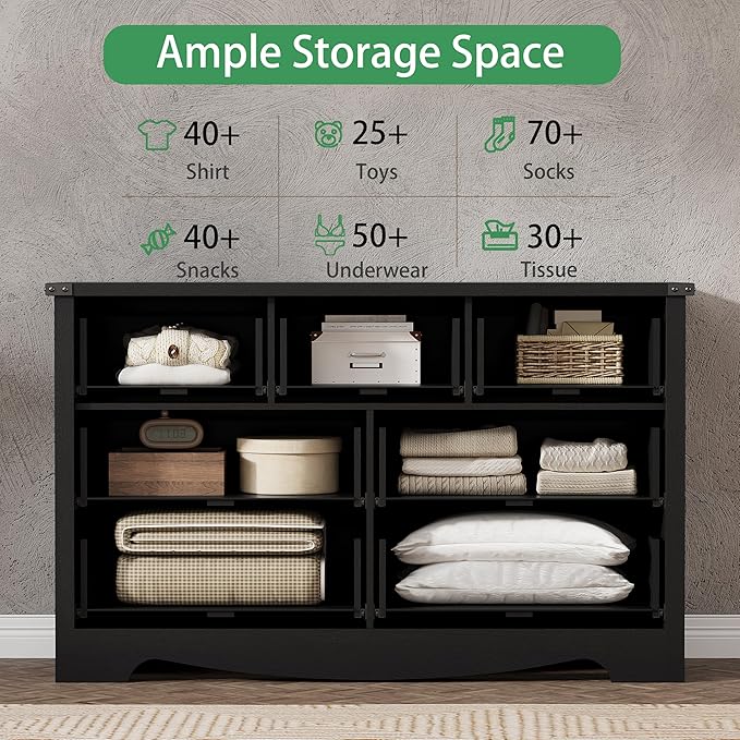 Dresser for Bedroom with 7 Drawers, 48" Wide Modern Chest of Drawers with Deep Drawers & Mental Handle, Wood Dresser TV Stand, Wooden Closet Storage Organizer for Living Room, Hallway, Entryway, Black