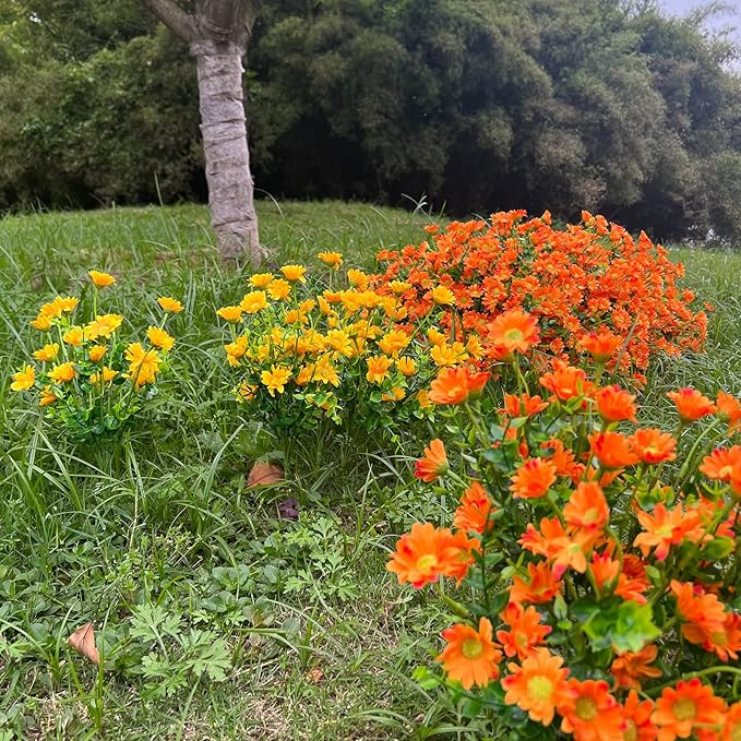 alyptus Fake Mums Outdoor Yellow Flowers 8 Bundles Plants for Outside Fall Artificial Flower UV Resistant for Wedding Home Garden Window Box Decor