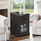 Farmhouse XXL End Table with Charging Station, Side Table with USB Ports and Outlets, Nightstand with Drawer and Glass Door Storage, Grey Bedside Tables for Living Room, Bedroom, Office