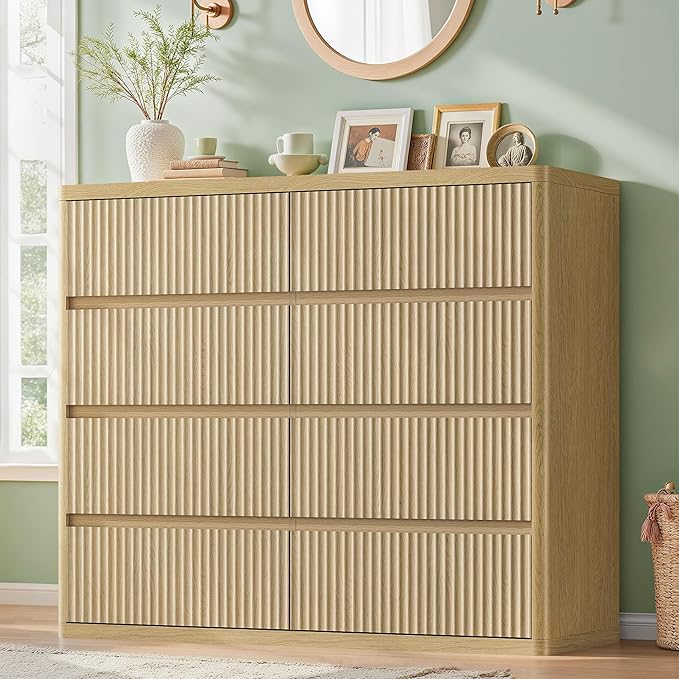 48" Wide Fluted Dresser with 8 Drawers, Modern Chest of Drawers with Deep Drawers, Handleless, Curved Profile, Wooden Storage Organizer for Bedroom, Living Room, Hallway, Natural