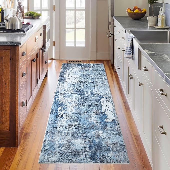 Rugcomf Runner Rug 2'6''x8' Hallway Washable Boho Soft Area Rug Abstract Pattern Non-Slip Faux Wool Vintage for Kitchen, Entryway, Laundry, Bedroom, Blue