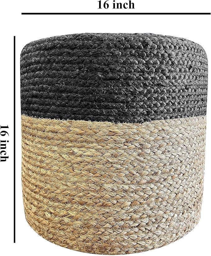 Jute Pouf Ottoman | Footrest Pouf | Hand Braided - Round Boho Pouffe - for Living Room, Bedroom, Nursery (16"x16"x16") Black
