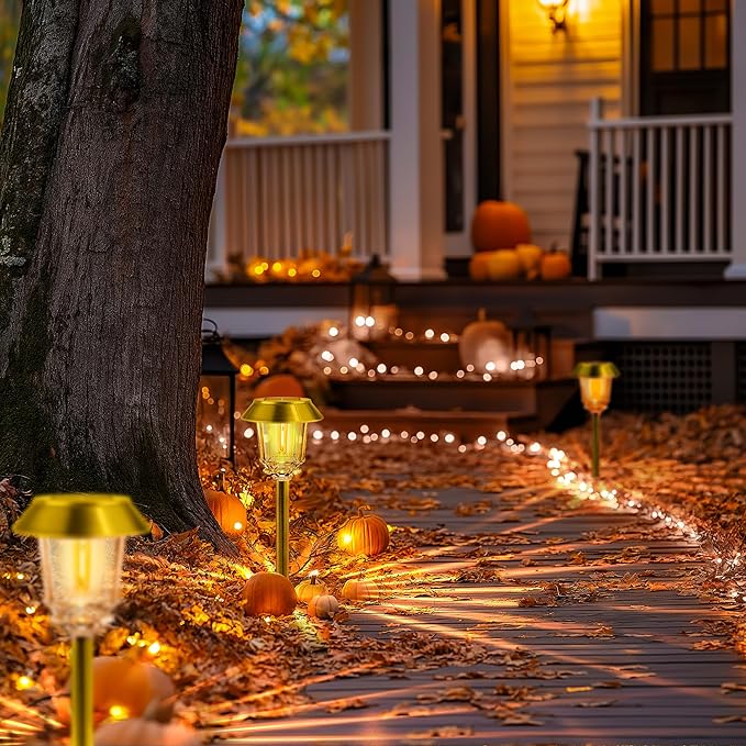 Solar Lights Outdoor Waterproof,6 Pack Gold Solar Pathway Lights with 10-40 LM Dimmable Glass and Metal, Solar Powered Garden Fall Decor for Yard,Patio,Pathway,Driveway(Warm White)