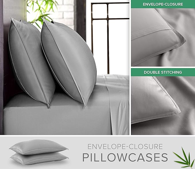 Queen Sheets by Pure Bamboo, Genuine 100% Organic Viscose Derived from Bamboo Bed Sheet Set, Luxuriously Soft & Cooling, Double Stitching, Lifetime Quality Promise (Queen, Stone Grey)