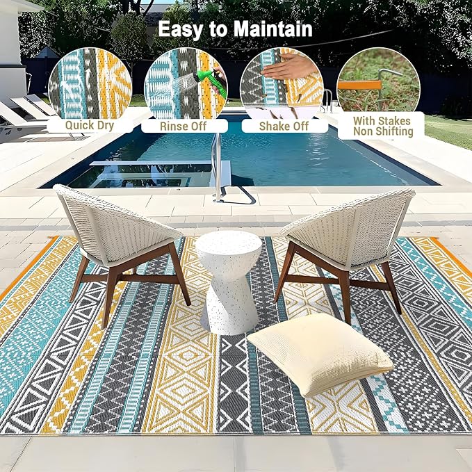 GAOMON Outdoor Plastic Straw Rug, 10'x14' Reversible Sage Green Patio Mat, Flower Modern Design for RV, Backyard, Deck, Camping, Picnic, Teal/Yellow(Bohemia)