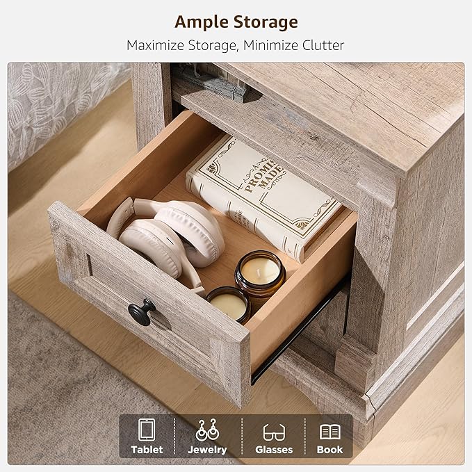 Farmhouse Nightstand with Charging Station, 18" End Table with 2 Drawers Storage and 1 Storage Shelf, Wooden Side Table w/Roman Column, Bedside Cabinet for Bedroom, Living Room, Light Rustic Oak