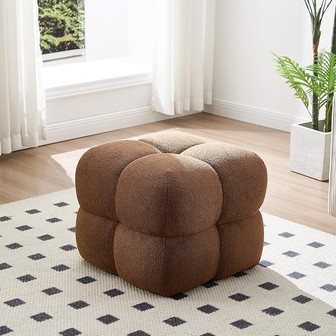 Zesthouse Square Pouf Ottoman Footstool, Modern Ottoman Coffee Table for Living Room, Poofy Boucle Stool Foot Rest, Upholstered Tufted Stool for Couch, Cube Makeup Vanity Chair Backless, Brown Reddish