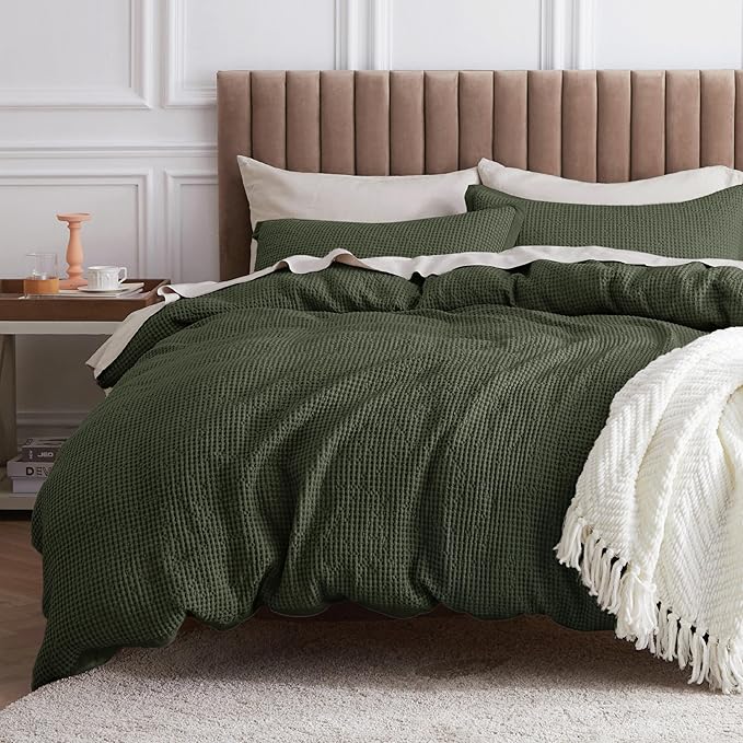 Bedsure Cotton Duvet Cover Set - 100% Cotton Waffle Weave Olive Green Duvet Cover Oversized Queen Size, GentleSoft™ and Breathable Bedding Set for All Season, 3 Pieces, 98"x98"