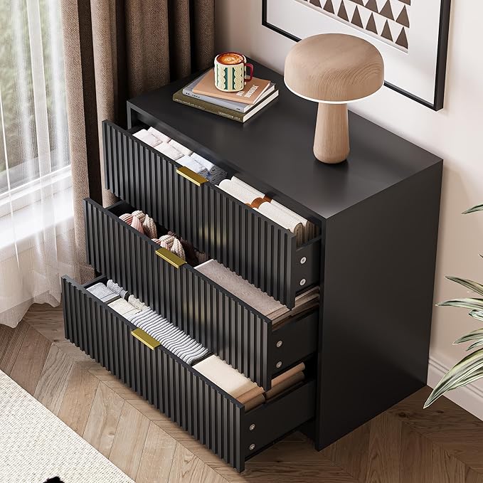 Black Fluted Dresser for Bedroom, 32 Inch Wide Nightstand with Large Drawer, 3 Drawer End Table for Bedroom, Living Rooms, Offices, and Entryways