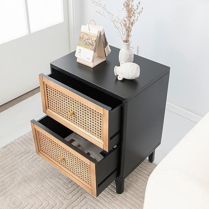 COZAYH Set of 2 Fully-Assembled 2-Drawer Woven Cane Front Accent Nightstand with Brass Knobs, Black