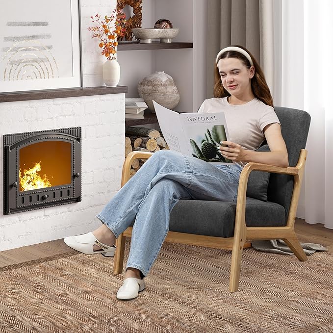 Modern Accent Chair, Cotton Linen Fabric Upholstered Lounge Armchair with Solid Wood Frame for Living Room, Bedroom, Reading Nook (Grey)