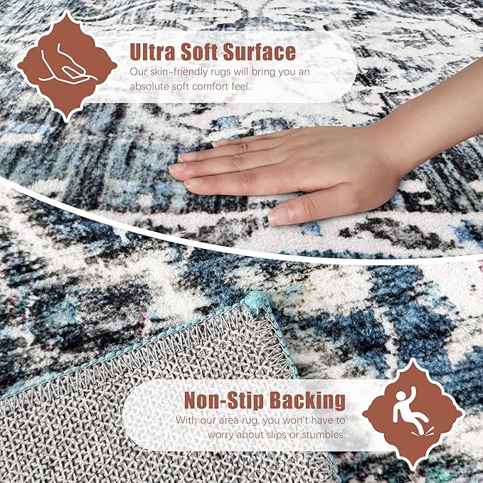 6' x 9' Washable Area Rug - Low Pile Soft Vintage Indoor Rug for Living, Dining or Bedroom - Lightweight Carpet with Non-Slip Backing - Foldable for Easy Placement, Ocean Blue