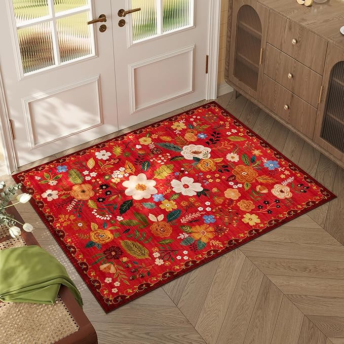 Door Mat Indoor Entrance 2x3 Rug Machine Washable Boho Floral Small Area Rug Non-Slip Low Pile Throw Rugs for Entryway, Kitchen, Front Door Indoor Entrance, Entry, Kids Room (Red)