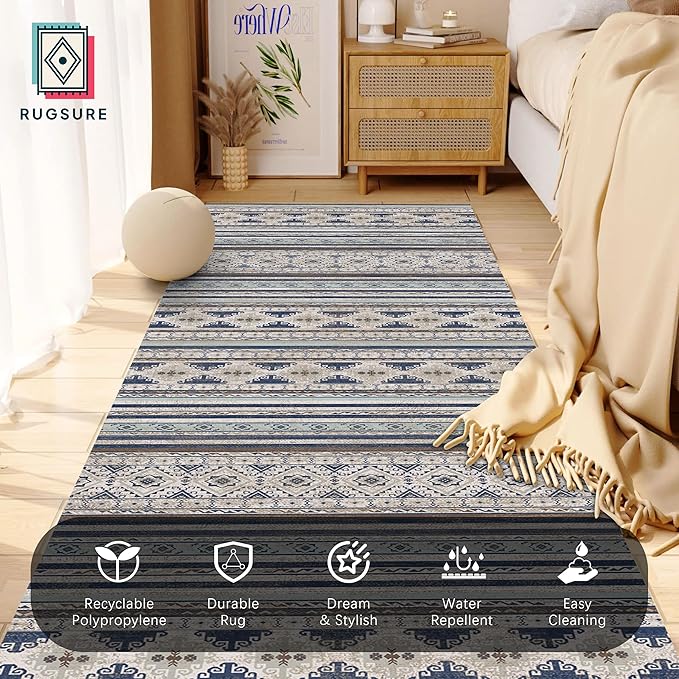 RUGSURE Washable Area Rugs 2'6'' x 8' - 1/6 Thick - Moroccan-Inspired -Stain & Water Resistant Non-Slip - Resistant Rug for Living Room, Bedroom, Nursery, Pet & Child Friendly (Blue and Brown)
