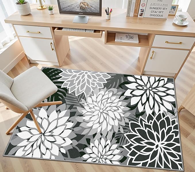 Area Rug 3x5 Black White Washable Entry Rug Multicolored Tropical Botanical Modern Floral Indoor Kitchen Door Mat Entrance Carpet Non Slip for Bedroom Living Room, Porch