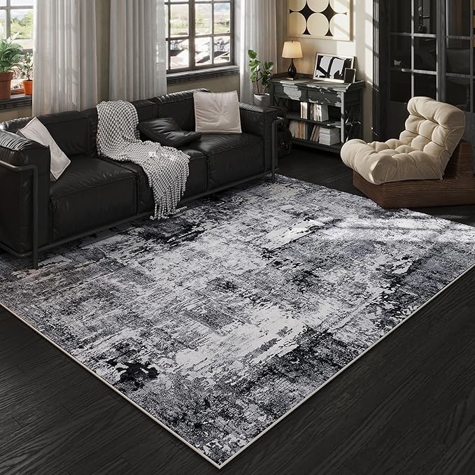 Rugcomf 6x9 Rug Washable Bedroom Rug Large Soft Area Rug Abstract Pattern Non-Slip Faux Wool Vintage Rug for Living Room, Farmhouse, Dining Room, Kids Playroom, Grey and Black