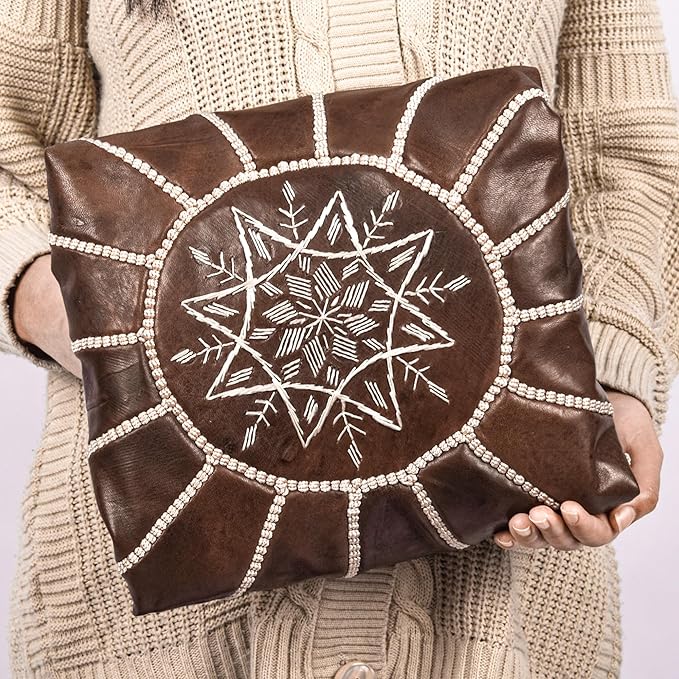 Handmade Moroccan Genuine Leather Pouf Ottoman Cover – Unstuffed Foot Stool Ottoman, Boho Foot Rest Under Desk, Round Ottoman for Living Room, Bedroom - Housewarming Gifts New Home, Weddings Gifts