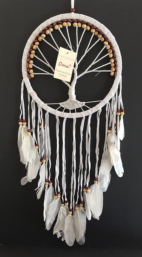 OMA Dream Catcher, Tree of Life Design with Feathers and Beads, White Suede Authentic Traditional Dream Catcher Boho Home Decor Bedroom Decoration Gift - Large Size - 36" Long x 11" Diameter (Brown)
