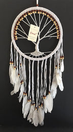 OMA Dream Catcher, Tree of Life Design with Feathers and Beads, White Suede Authentic Traditional Dream Catcher Boho Home Decor Bedroom Decoration Gift - Large Size - 36" Long x 11" Diameter (Brown)
