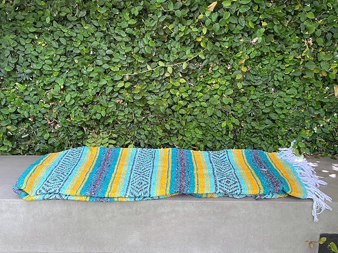 Del Mex Classic Mexican Blanket, Large Authentic Woven Falsa Throw (70"x50"), Artisan Southwest Décor for Beach, Yoga, Outdoors (Teal/Yellow)