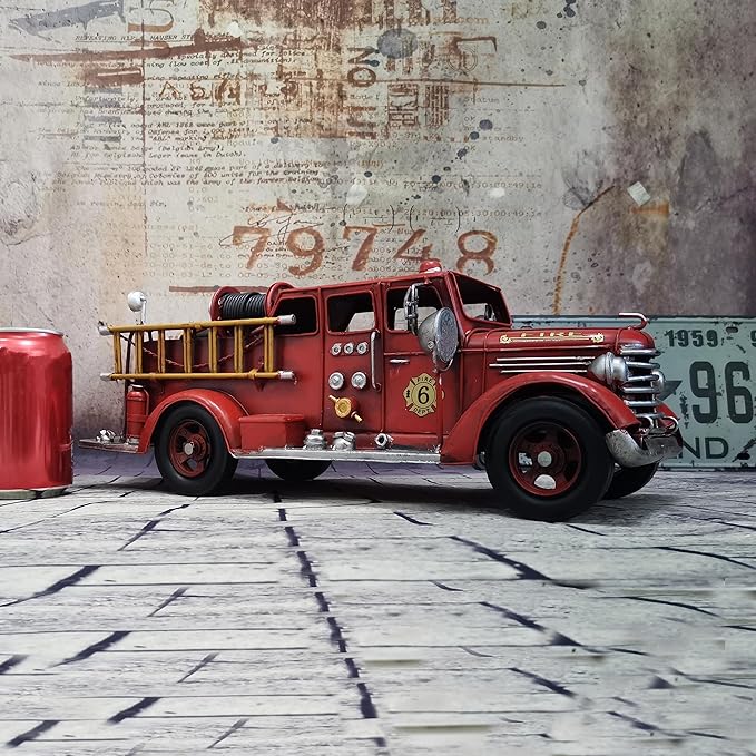 Retro Fire Truck Diecast Model - Metal Miniature Vehicles, Large Fire Fighting Truck Decor, 16.4'' Long