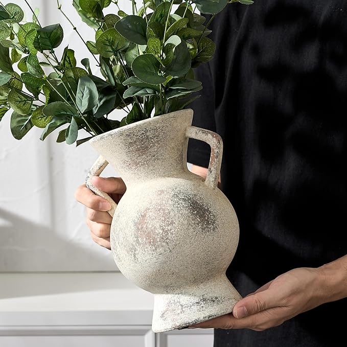 LUKA Antique Ceramic Vase with 2 Handle,9.25 inches Rustic Vase Minimalist Decor, Decorative Vases for Home Decor, Table, Living Room, Shelf, Christmas Decoration(Large,Gray)