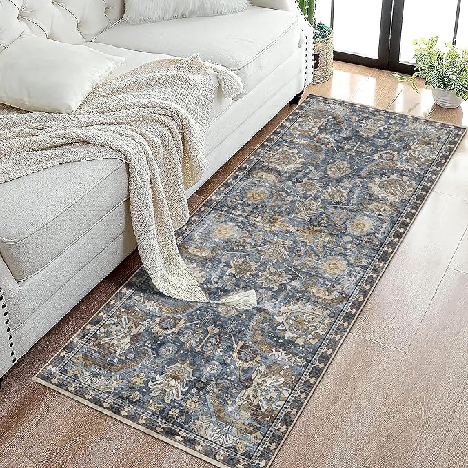 RUGSURE Washable Area Rugs - Perfect for Living Room, Bedroom, Kids Room, Nursery - Stain & Water Resistant Non-Slip, Pet & Child Friendly, Vintage Tribal Area Rugs (Navy, 2'6'' x 8')