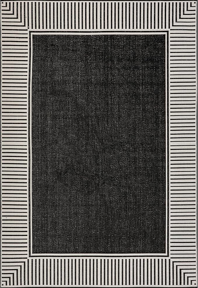 nuLOOM 5' x 8' Outdoor Area Rug, Casual Design With Striped Border, Stain Resistant, Highly Durable, For Patio, Balcony, Bedroom, Living Room, Dining Room, Bathroom, Black