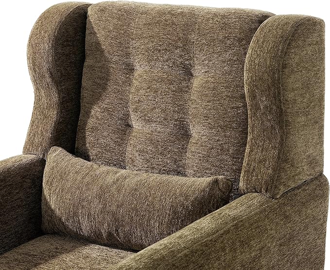 Accent Chair, Comfy Upholstered Living Room Chairs with High Tufted Backrest and Pillow, Wingback Reading Chair with Solid Wood Legs for Bedroom/Office, Chenille Fabric, Olive Green