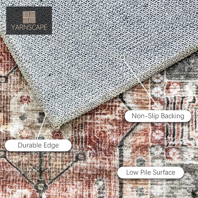 Vintage 2'6'' x 8' Washable Area Rug - Stylish Indoor Rug for Living, Dining or Bedroom - Lightweight Carpet with Non-Slip Backing - Foldable for Easy Placement and Maintenance - Ivory